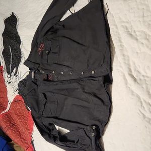 Harley-Davidson button down shirt.